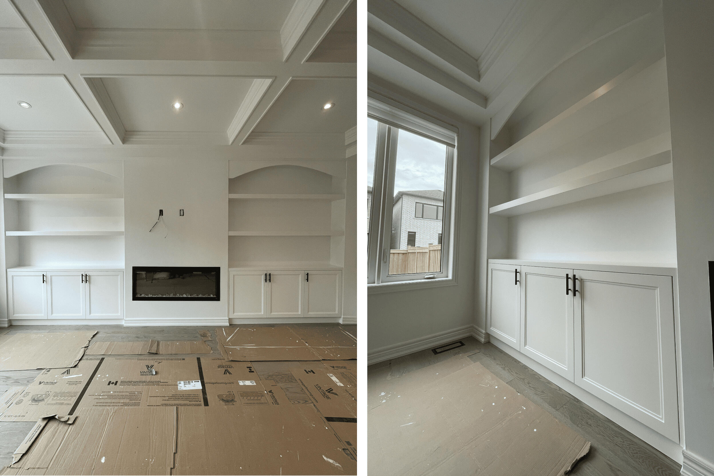 A custom built-in cabinetry unit and coffered ceilings delivered functionality and character to a minimalist new-build home.